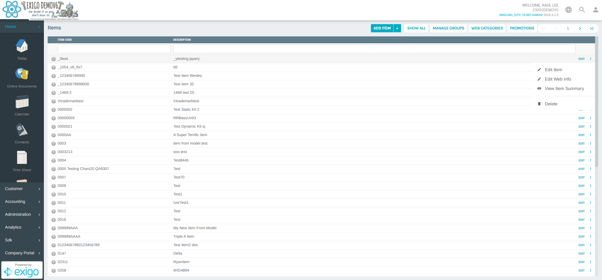 Items context menu