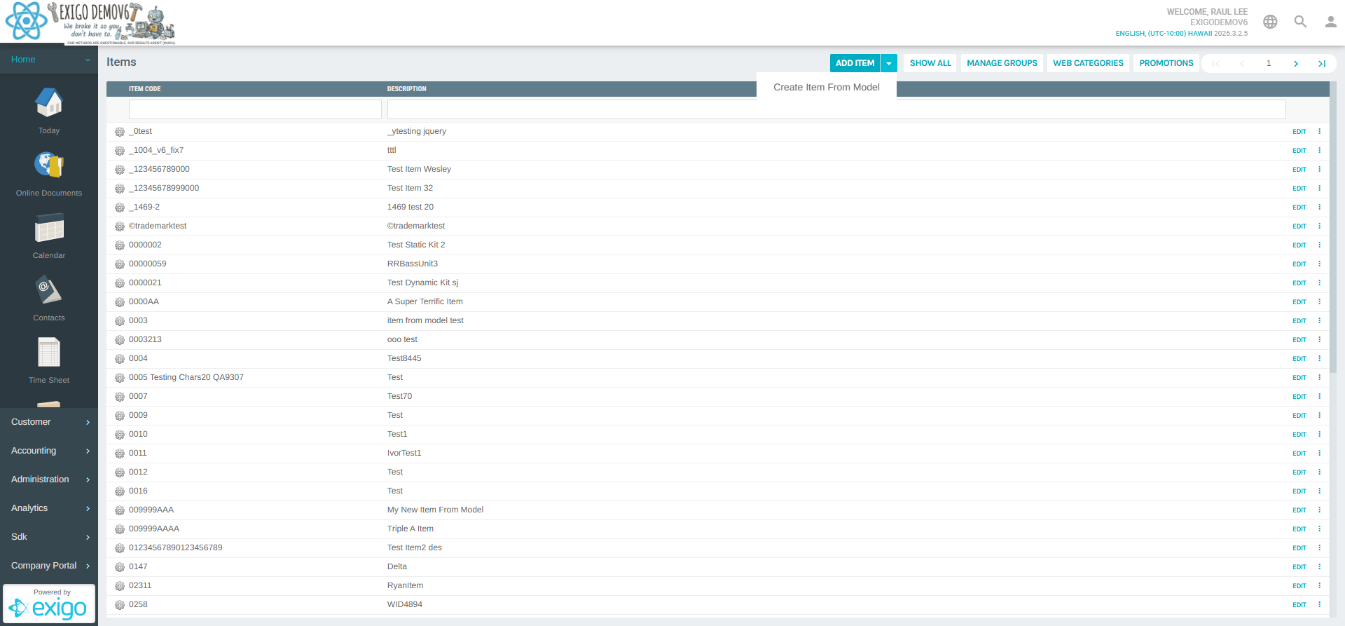ADD ITEM dropdown