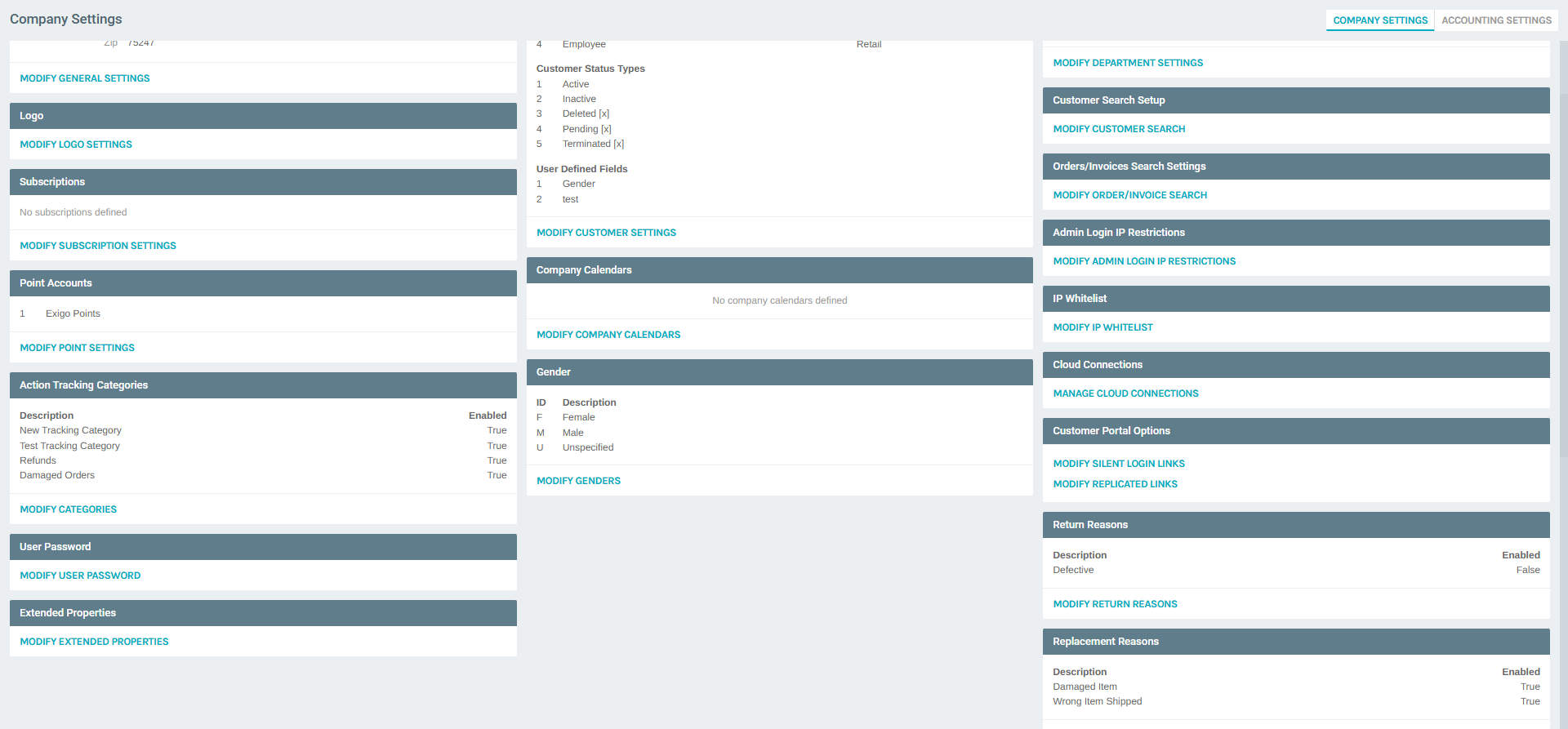Company Settings - Action Tracking Categories Section
