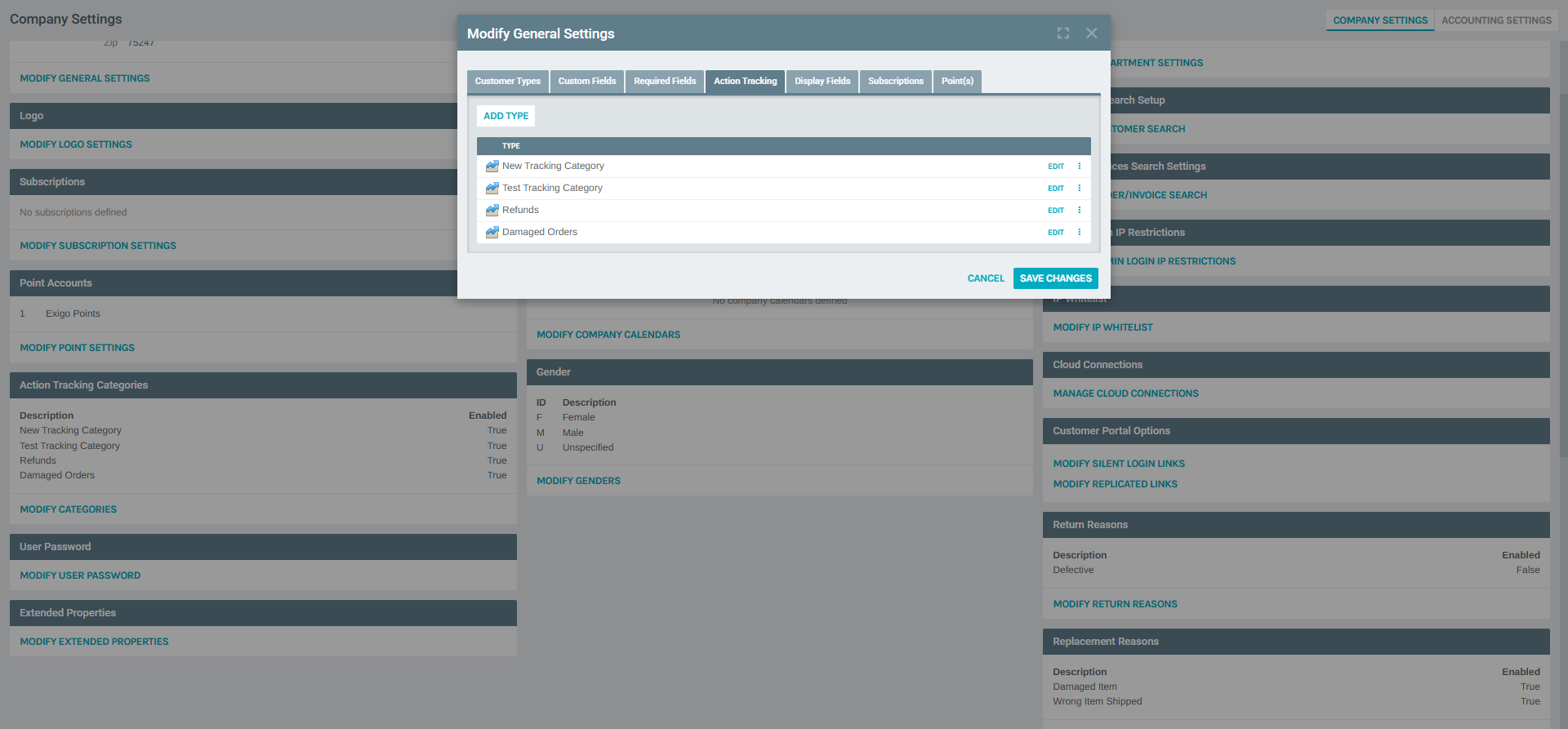 Modify General Settings - Action Tracking Tab