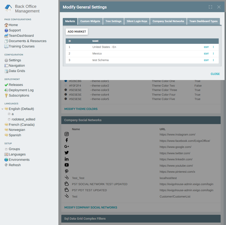 Modify General Settings popup – Markets tab
