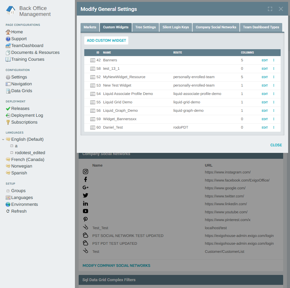 Modify General Settings – Custom Widgets tab