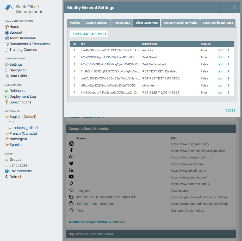 Modify General Settings – Silent Login Keys tab