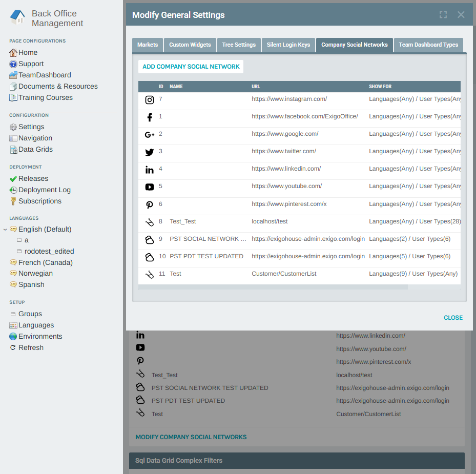 Modify General Settings – Company Social Networks tab