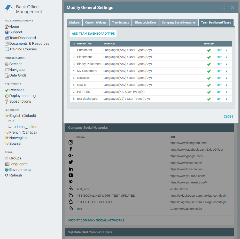 Modify General Settings – Team Dashboard Types tab