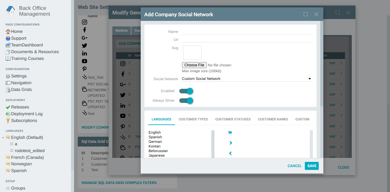 Add Company Social Network form