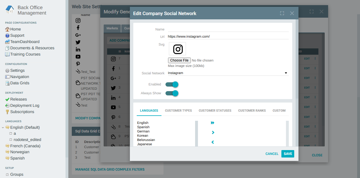Edit Company Social Network form