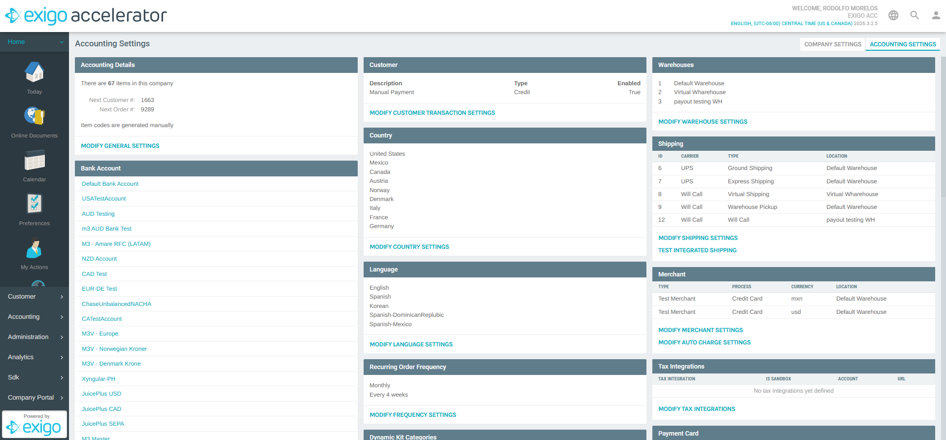 Accounting Settings - Bank Account Section