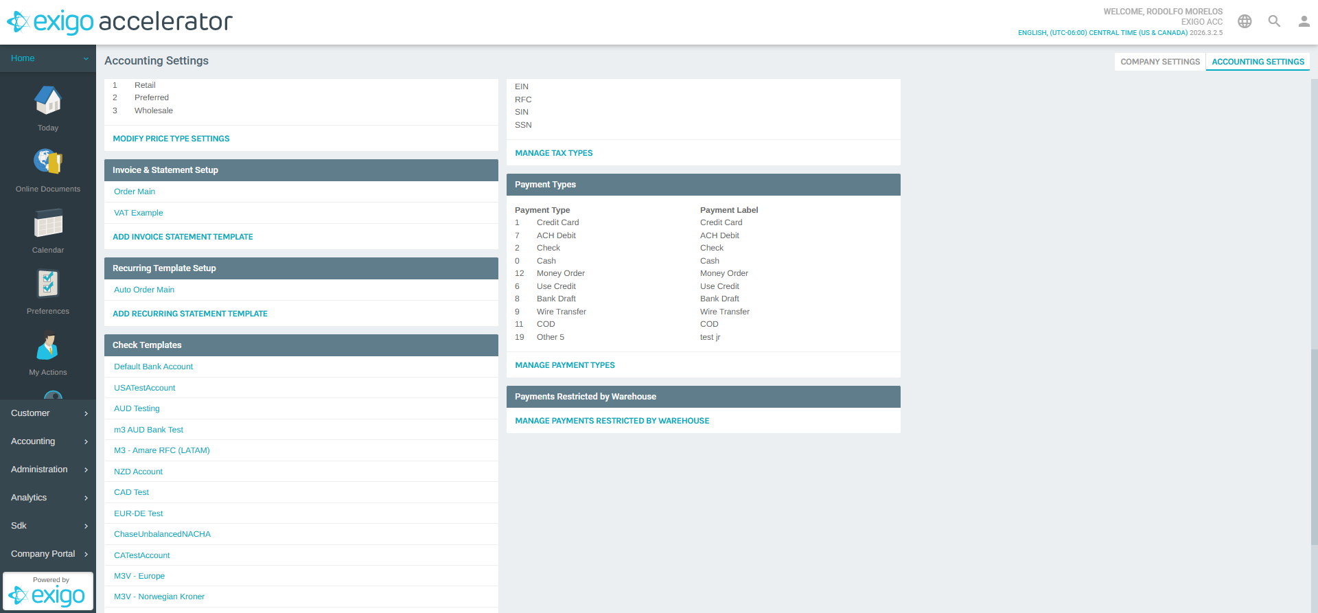 Accounting Settings - Check Templates Section