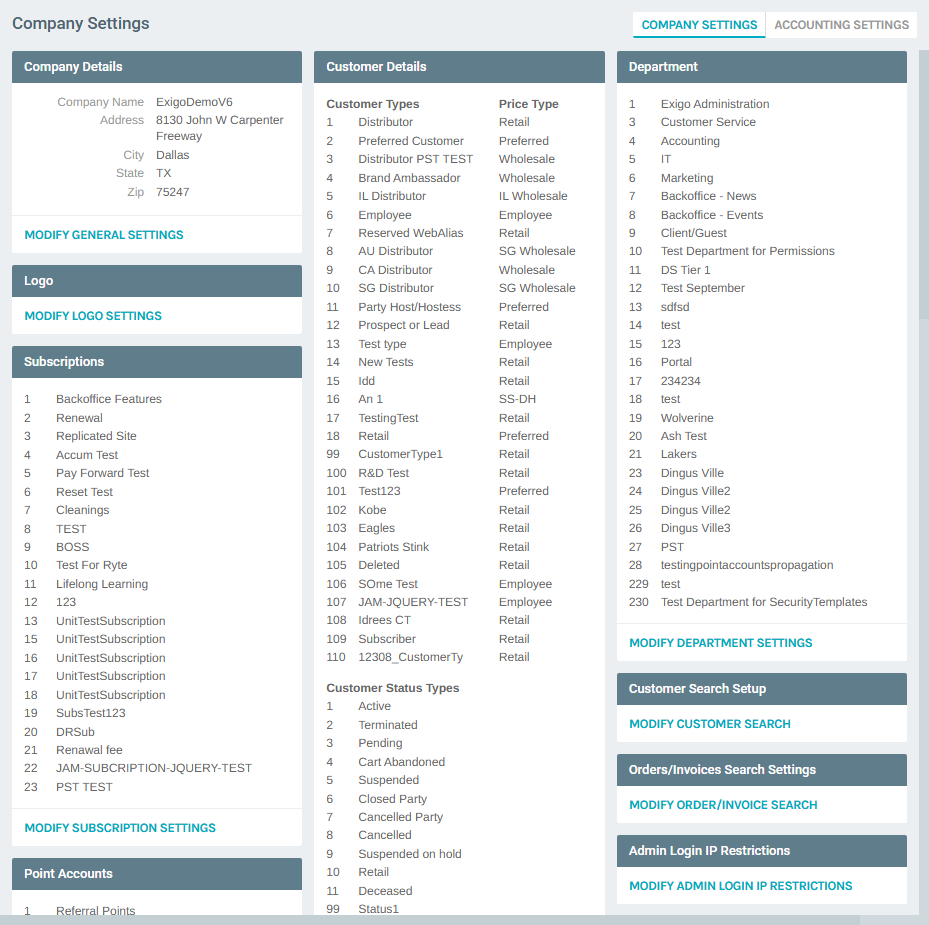 Company Settings page showing Customer Types