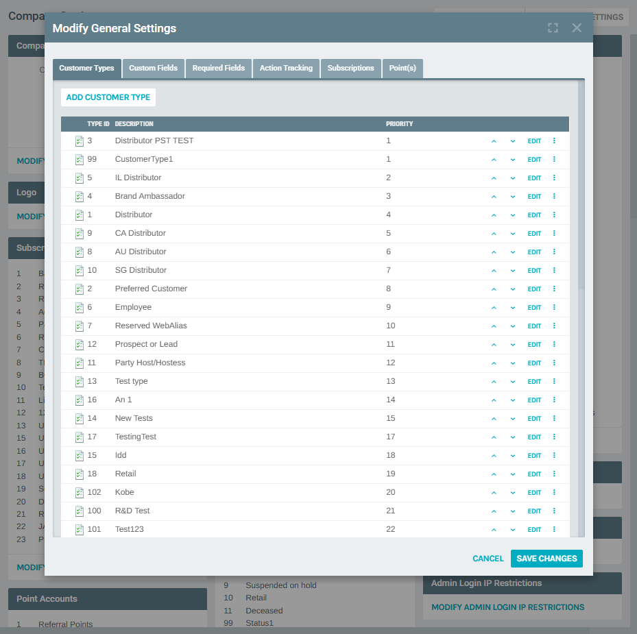 Modify General Settings popup – Customer Types tab
