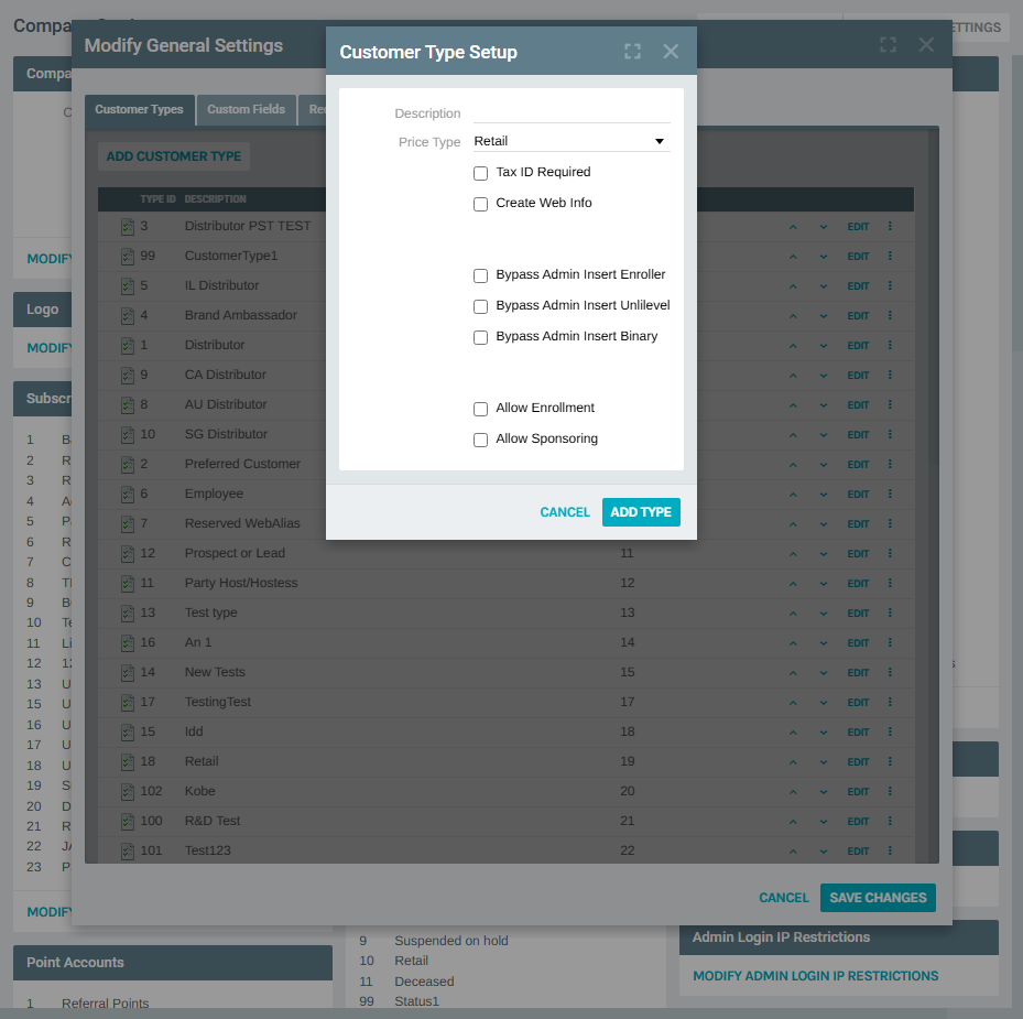 Customer Type Setup – Add form