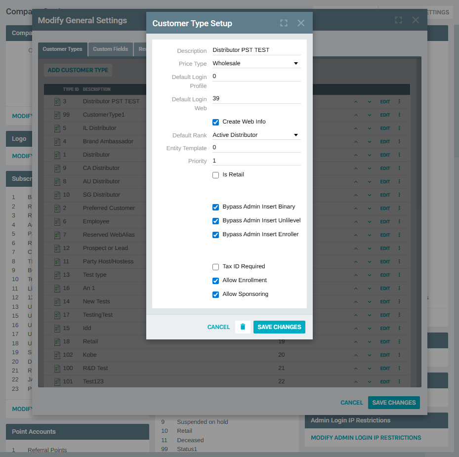 Customer Type Setup – Edit form with existing values