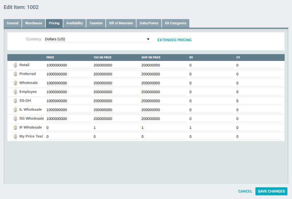 Pricing Tab — Full View
