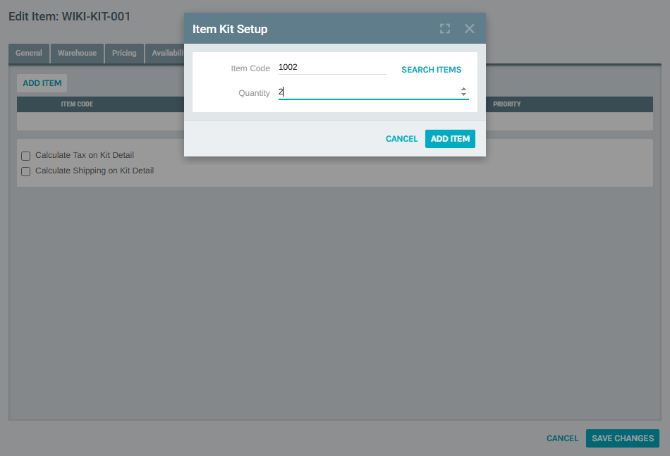 Item Kit Setup — item selected and quantity set