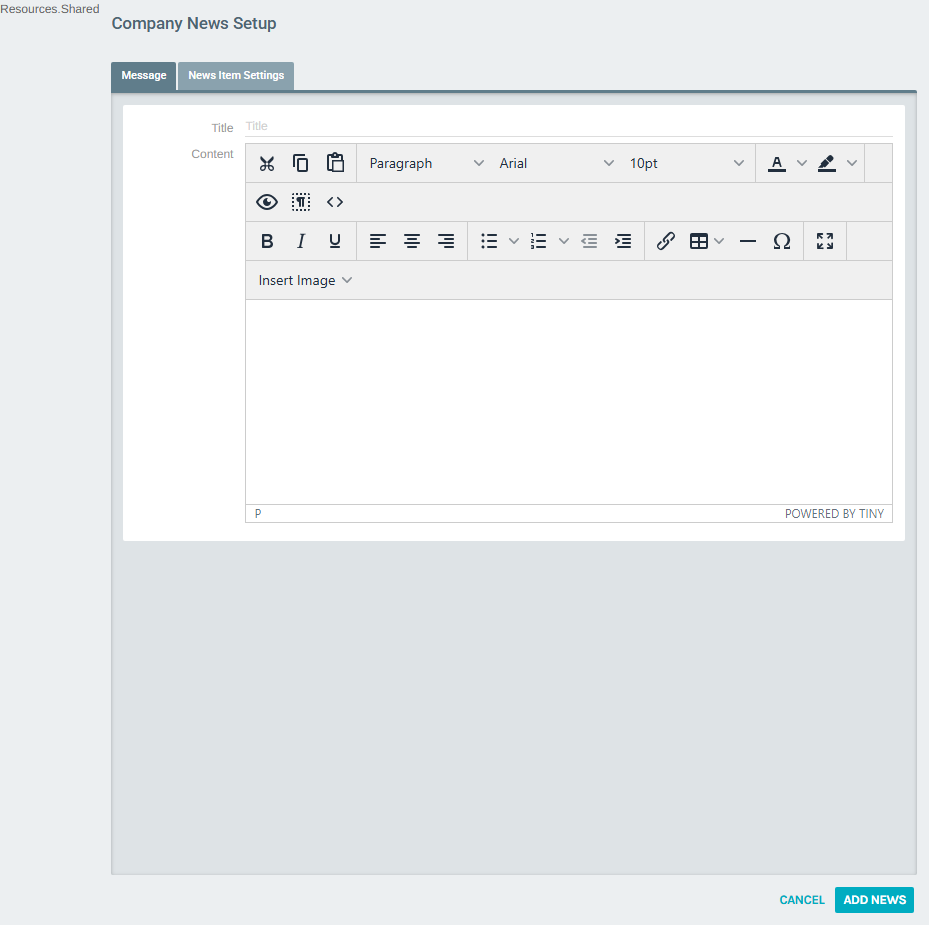 Company News Setup — Message Tab