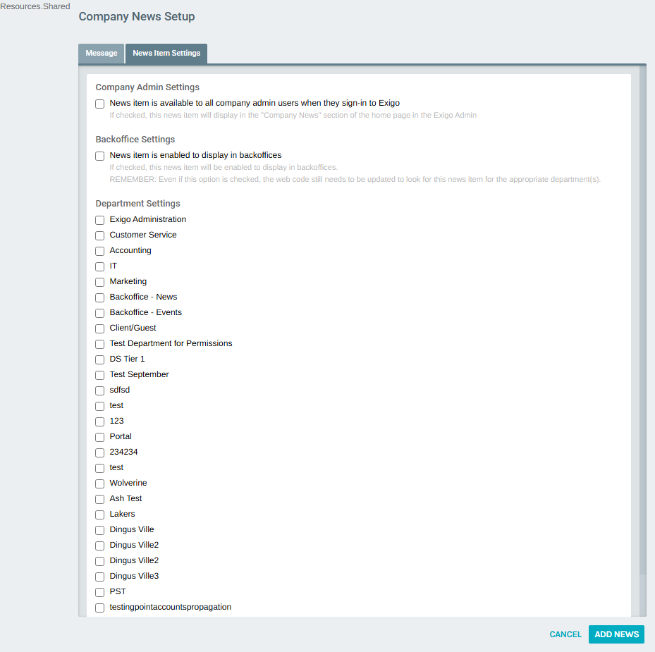 News Item Settings Tab