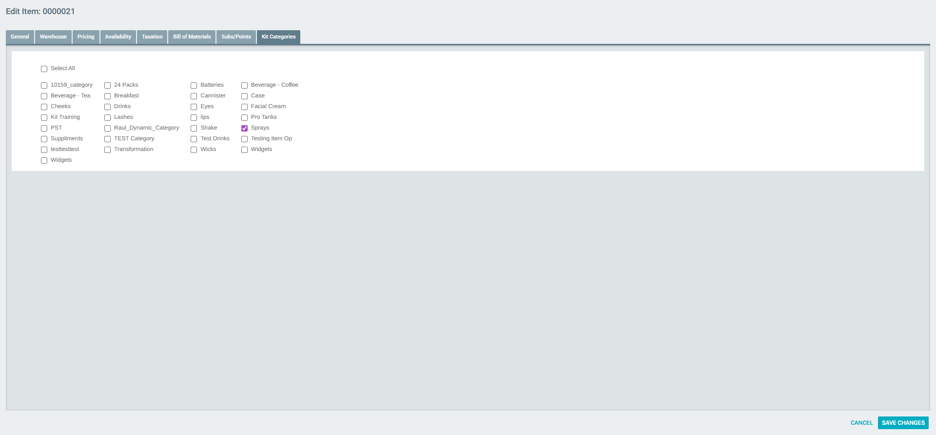 Kit Categories Tab