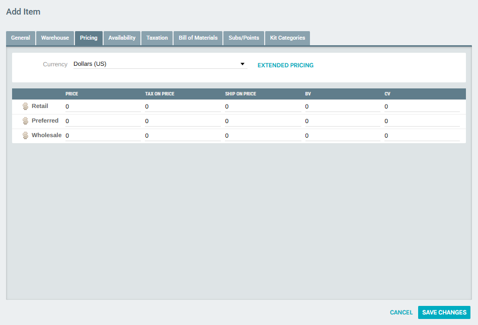 Pricing Tab