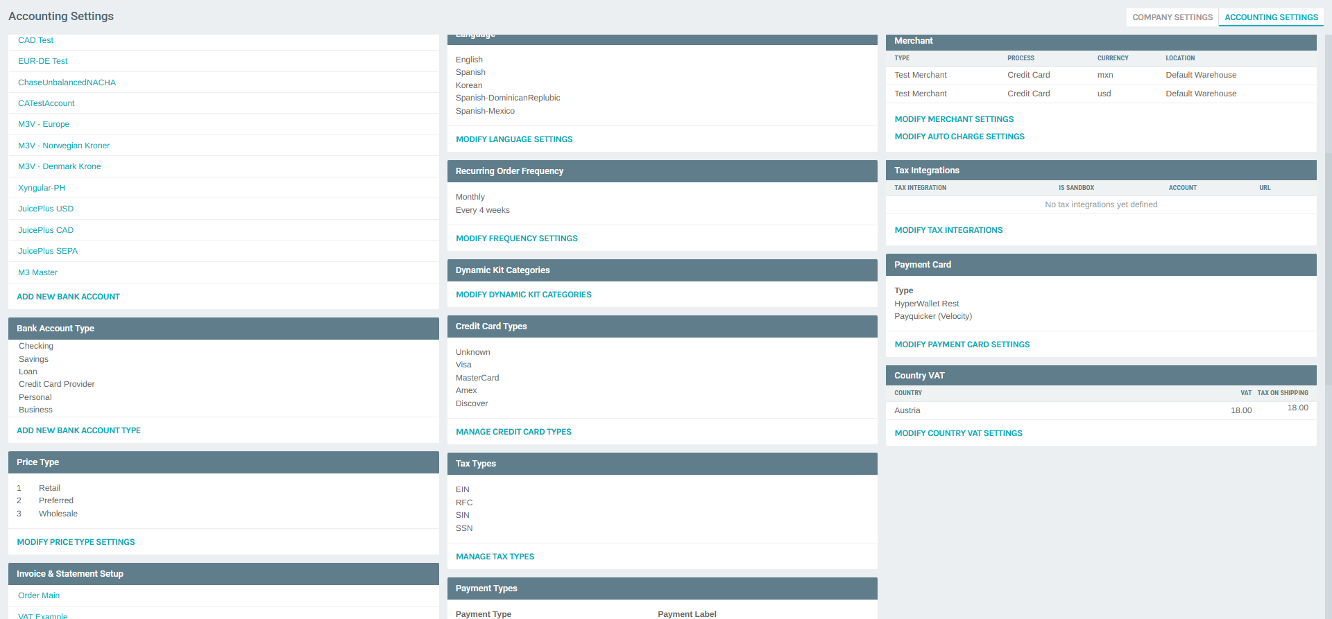 Accounting Settings - Credit Card Types Section