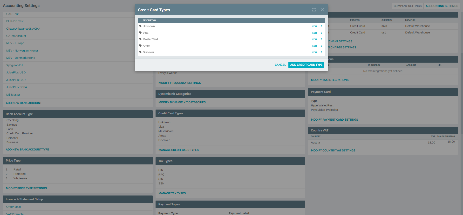 Credit Card Types List Dialog