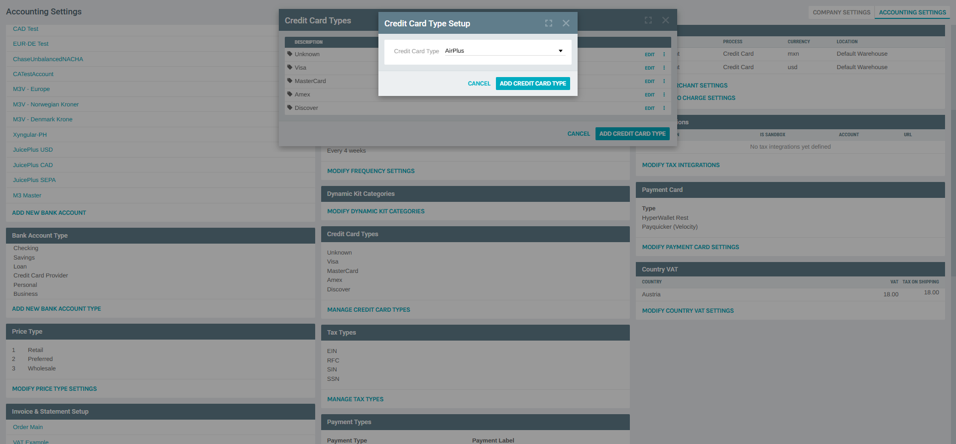 Credit Card Type Setup - Add Dialog