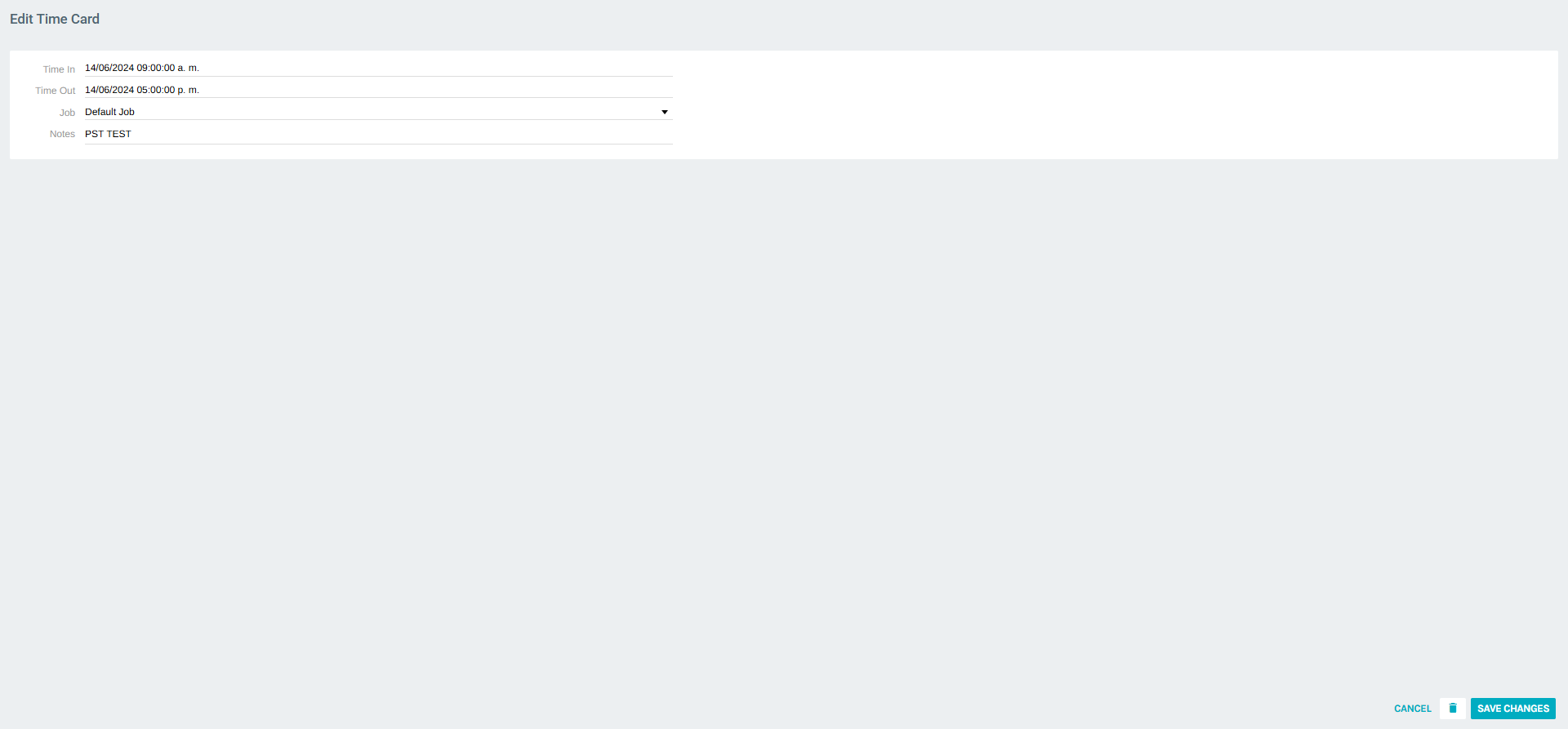 Edit Time Card form with pre-filled values