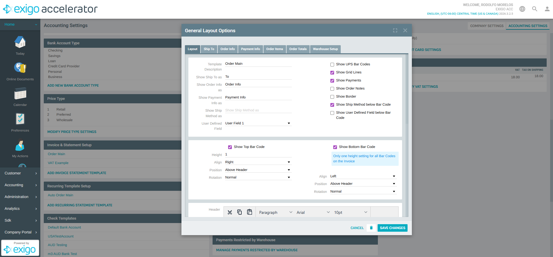 Edit Template - Layout Tab
