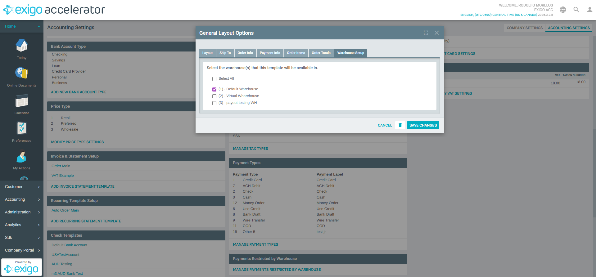 Edit Template - Warehouse Setup Tab