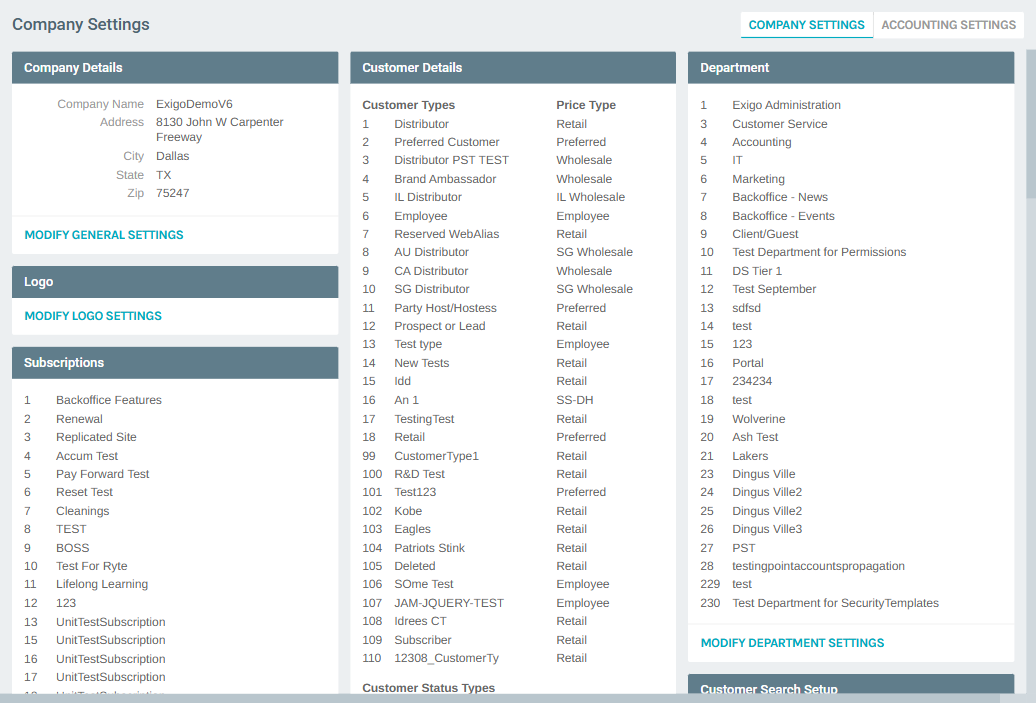 Company Settings Page