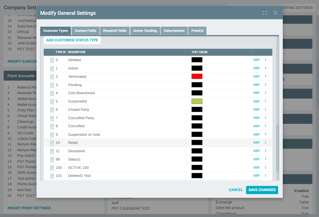 Customer Status Types List