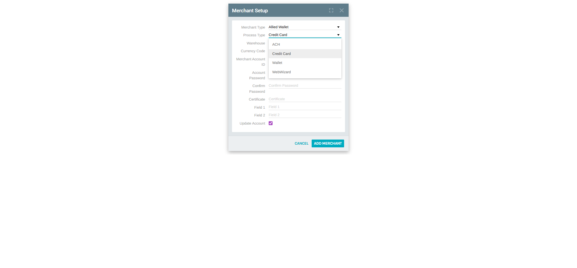 Process Type dropdown showing ACH, Credit Card, Wallet, and WebWizard options