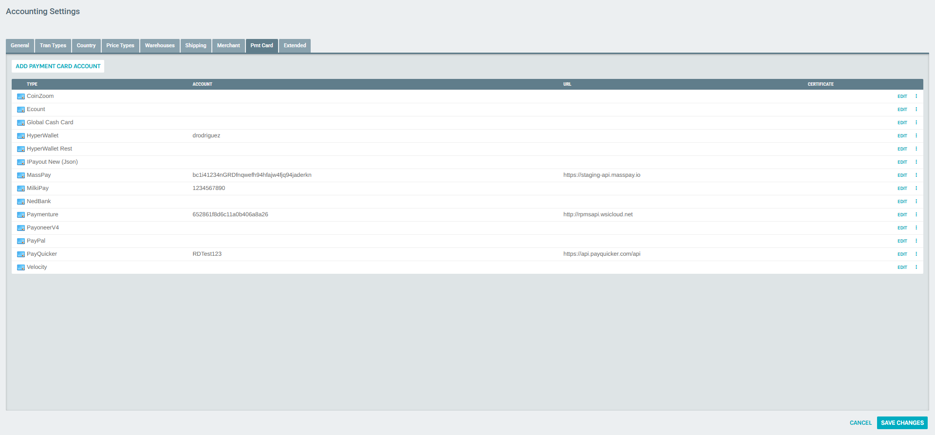 Pmt Card tab showing list of configured payment card account providers