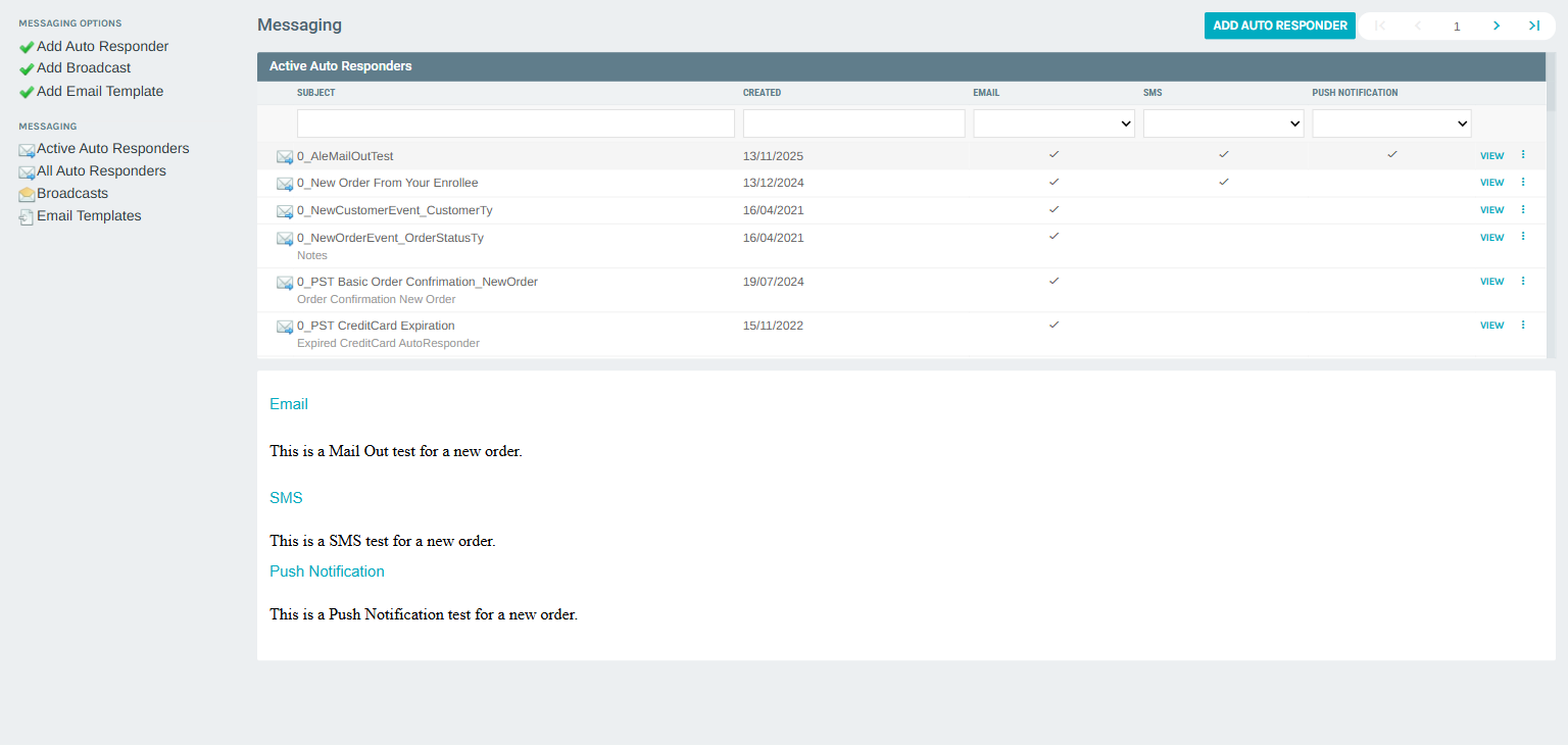 Messaging portal showing Auto Responders with Push Notification column