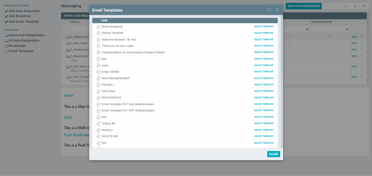 Email Templates selection dialog when adding a new auto responder