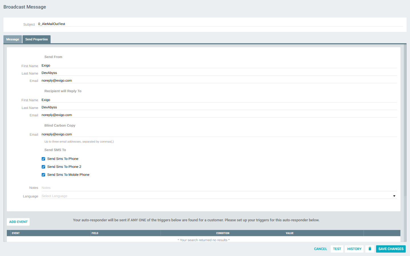 Send Properties tab showing sender fields, SMS options, and the event triggers grid