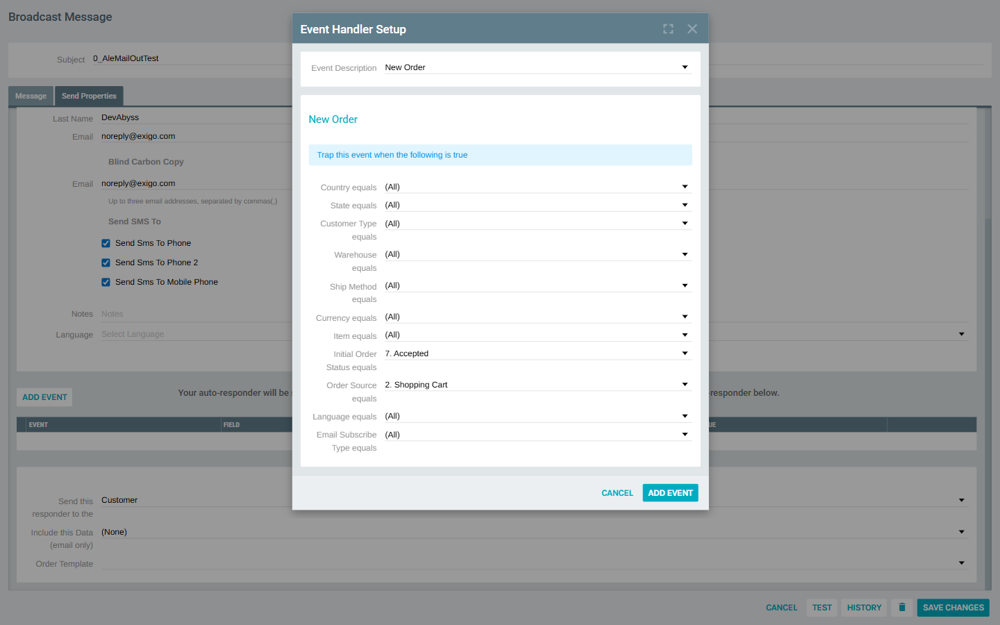 Event Handler Setup modal for configuring a trigger
