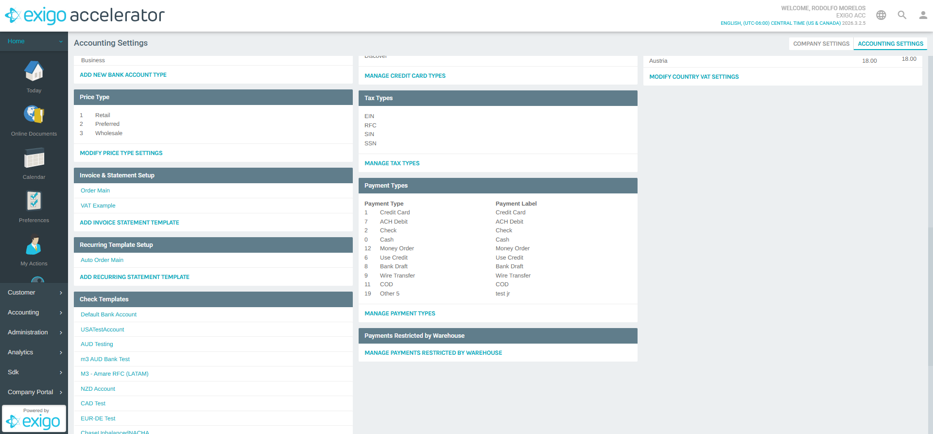 Accounting Settings - Recurring Template Setup Section