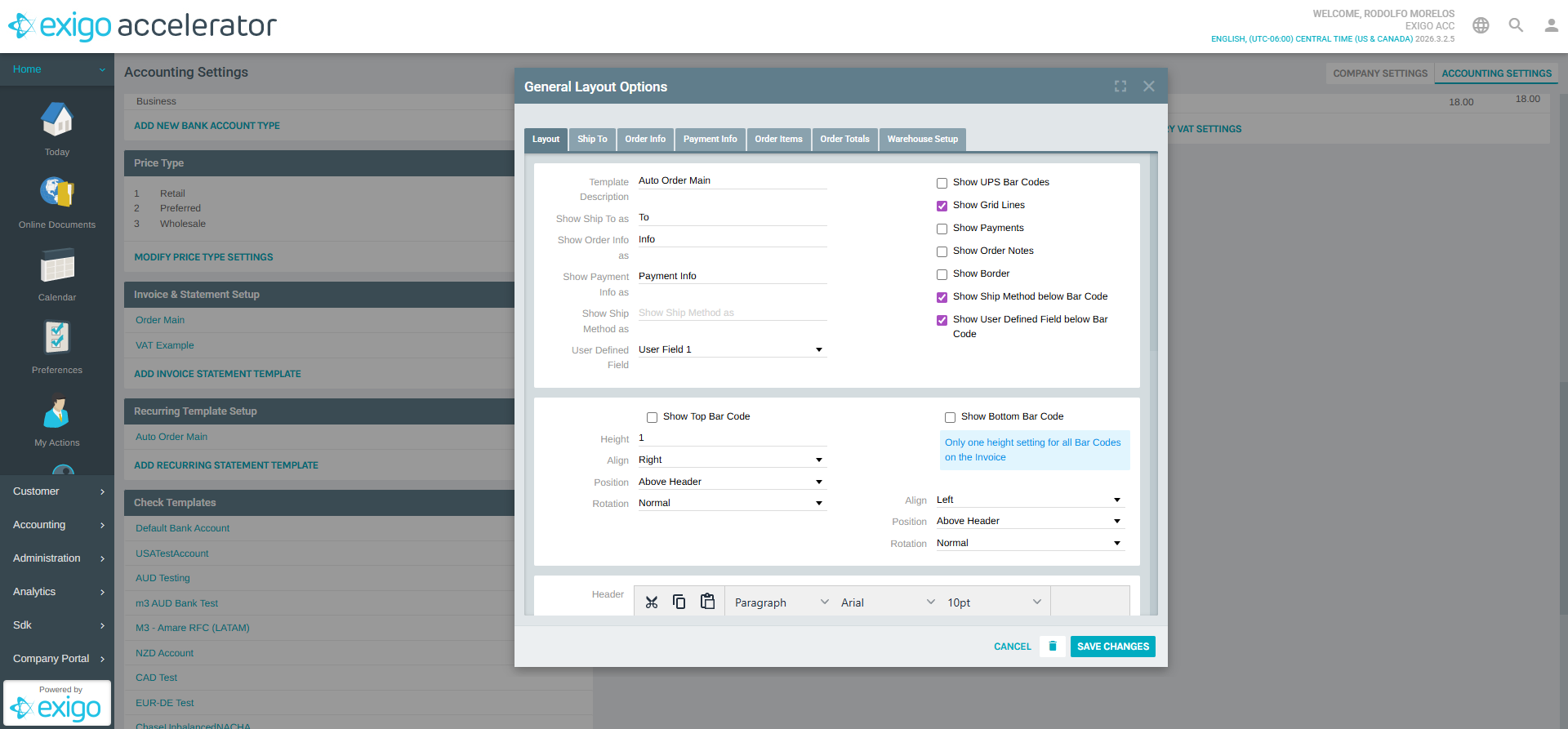 Auto Order Main - Layout Tab