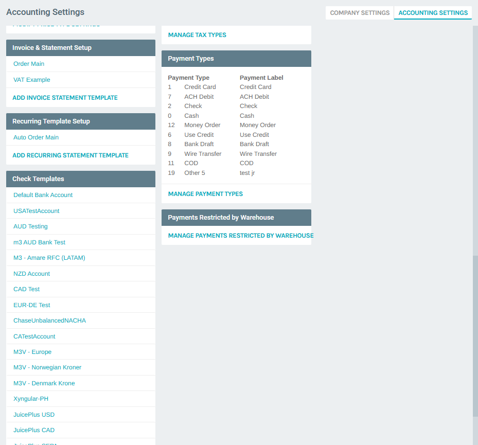 Accounting Settings — Payment Types and Restrictions