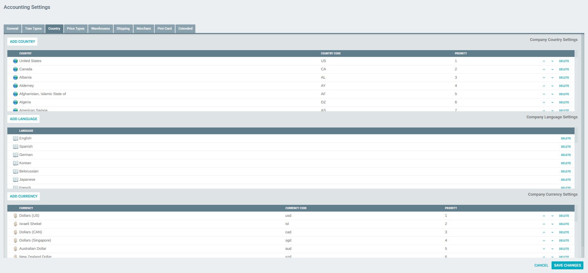 Country Settings Overview