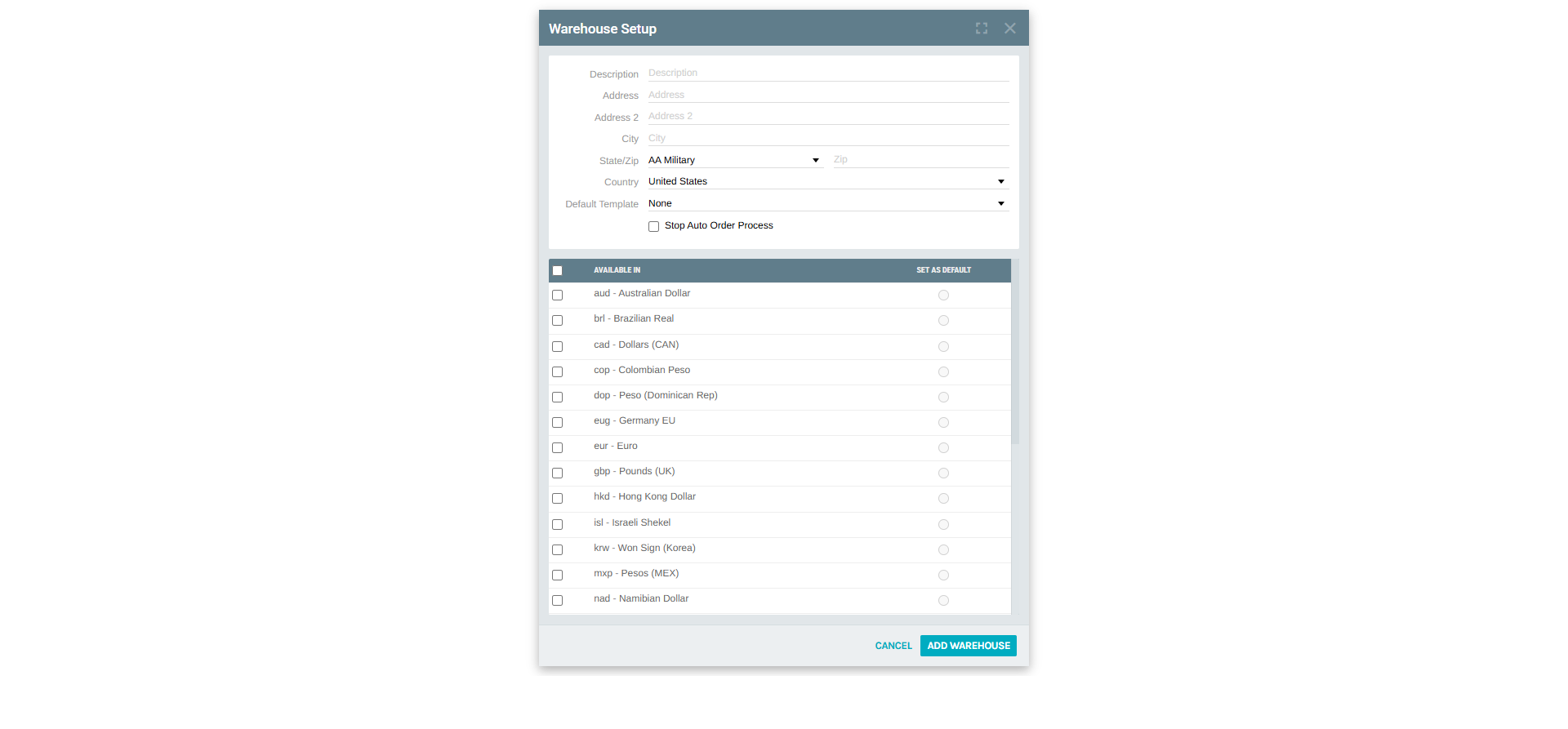 Add Warehouse Form