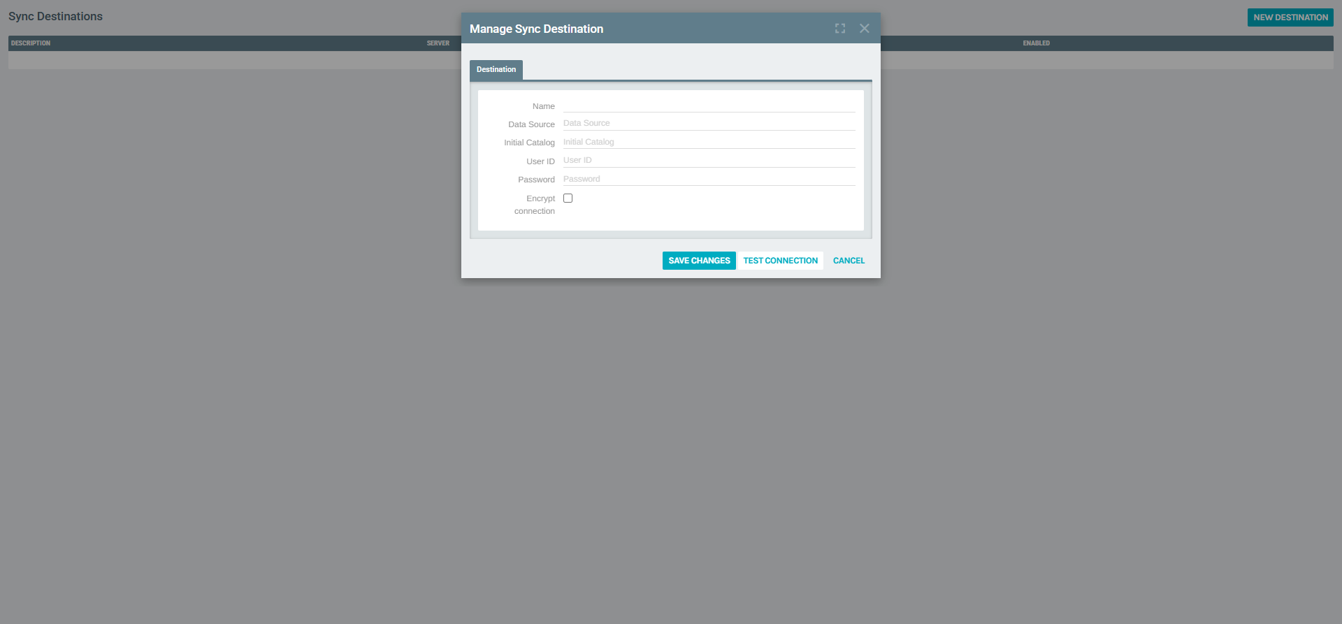 Manage Sync Destination - New Destination Form