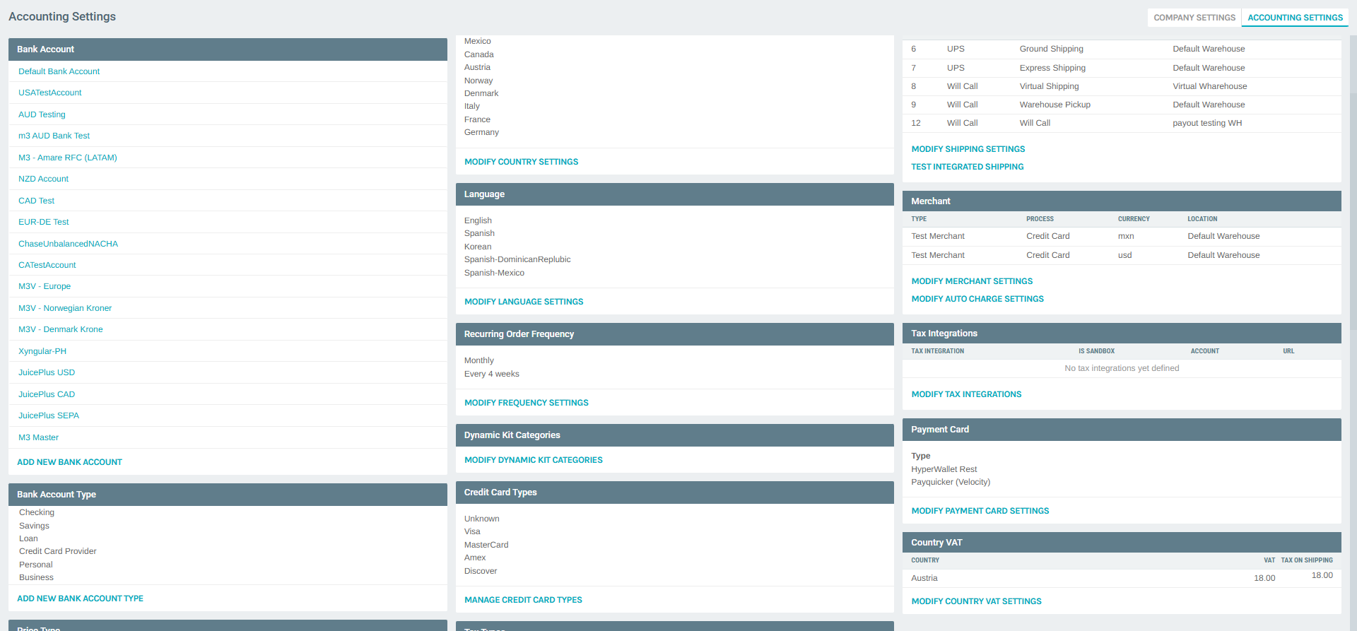Accounting Settings - Tax Integrations Section