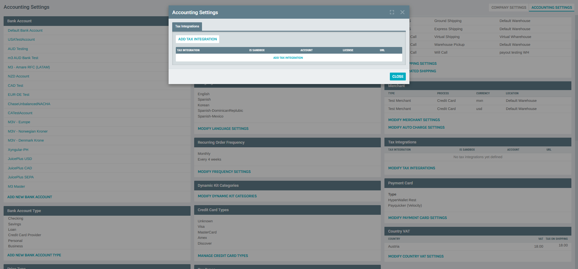 Tax Integrations - List Dialog