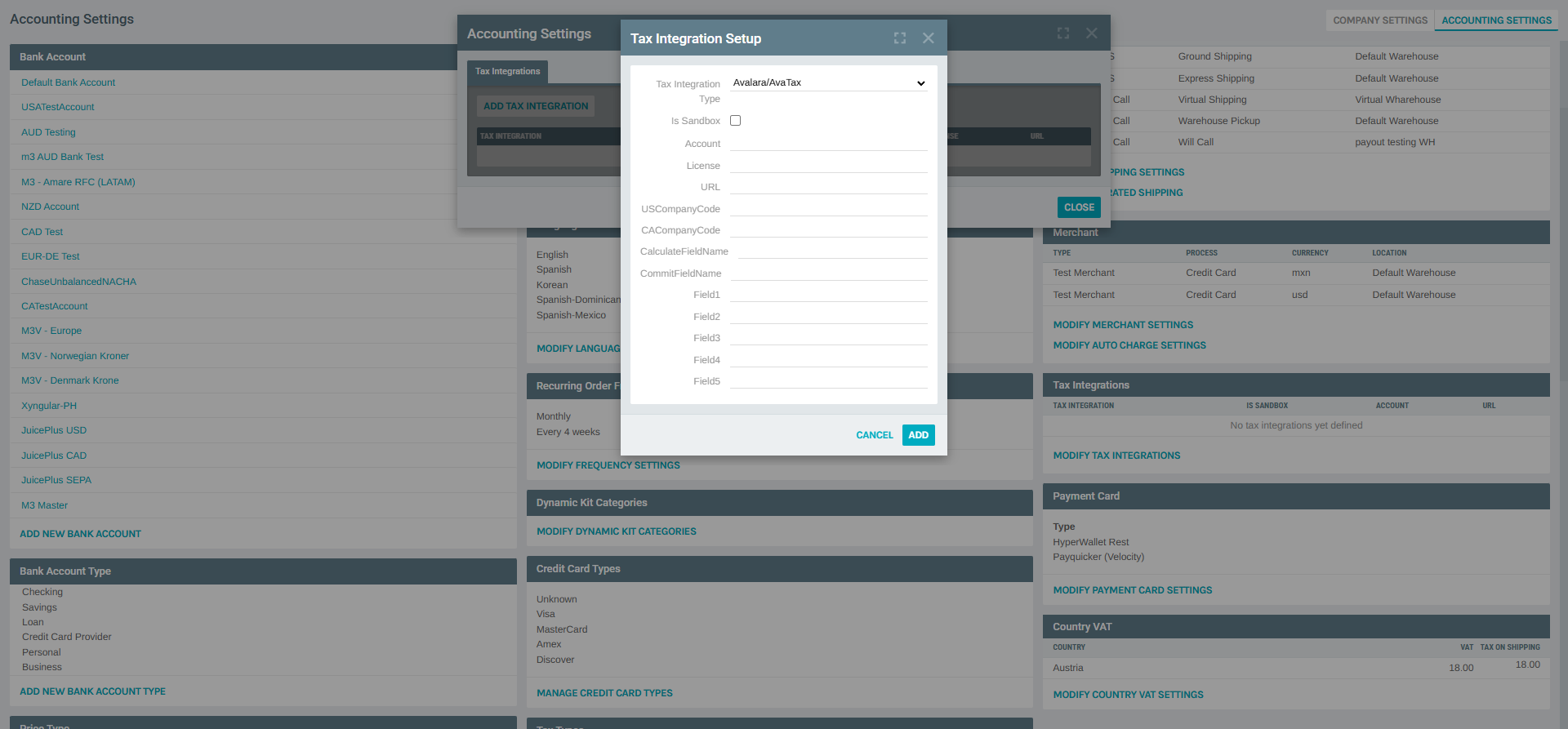 Tax Integration Setup - Add Dialog
