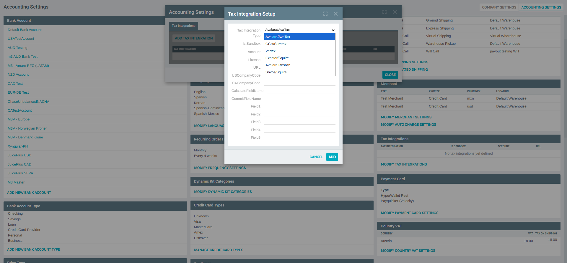 Tax Integration Type Dropdown
