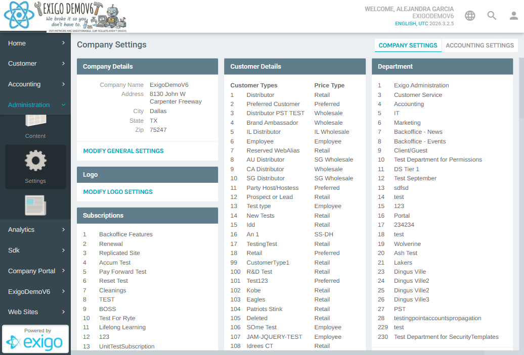 Company Settings page with Administration menu expanded