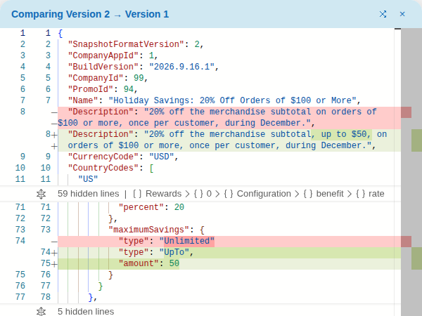 Comparing Version 2 with Version 1: the description line and the maximum total discount changed from Unlimited to Up To 50