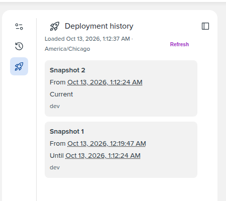 Deployment history showing Snapshot 2 as Current and Snapshot 1 with From and Until times